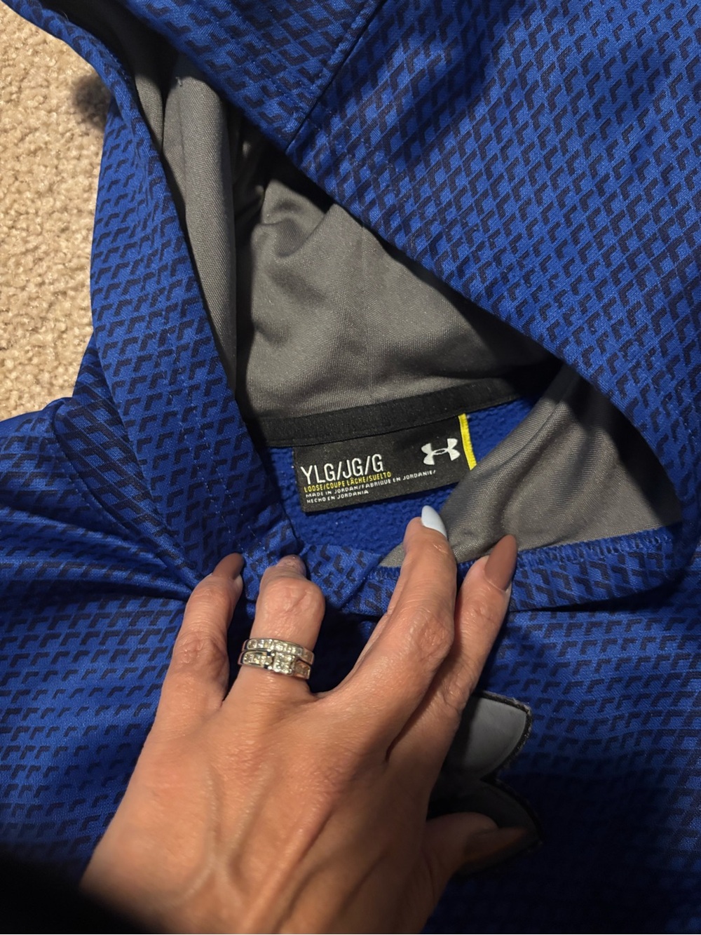 Women's Blue Hooded Jacket - Likely Bomber or Hoodie